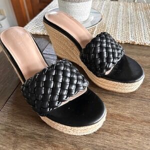 Ermann Women's Espadrille Wedge Sandals Woven Black Slides‎ Size 9.5